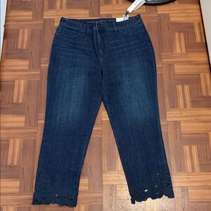 Chico's Dark Indigo Cropped Jeans with Lace Scallop Hem